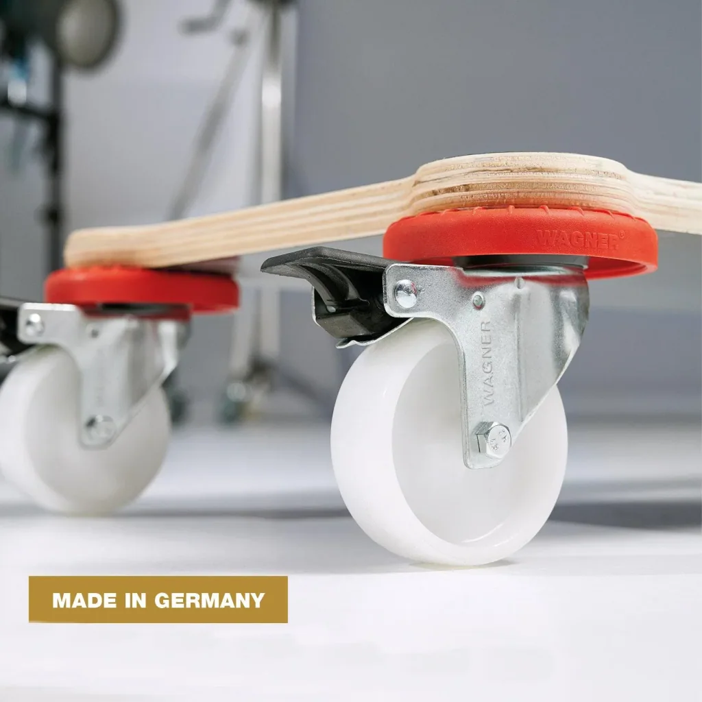 Transporthilfe MM 1365, 71 x 31 x 12,5 cm, harte Rollen Ø 75 mm, Gleitlager, 2 Bremsen, Platte FSC®, Tragkraft 200 kg