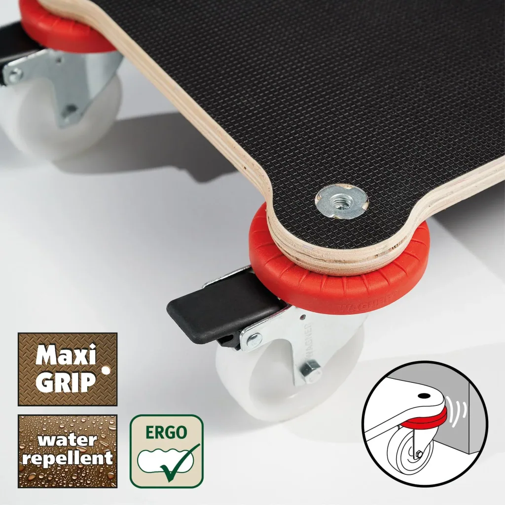 Transporthilfe MM 1365, 71 x 31 x 12,5 cm, harte Rollen Ø 75 mm, Gleitlager, 2 Bremsen, Platte FSC®, Tragkraft 200 kg