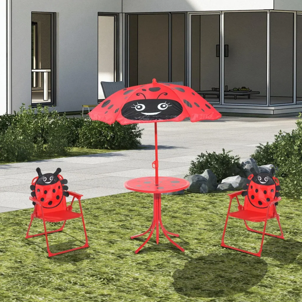 3-tlg, Kindersitzgruppe Sitzgarnitur für Kinder Kindermöbel 1 Sonnenschirm + 1 Tisch + 2 Kinderstühle klappbar Rot