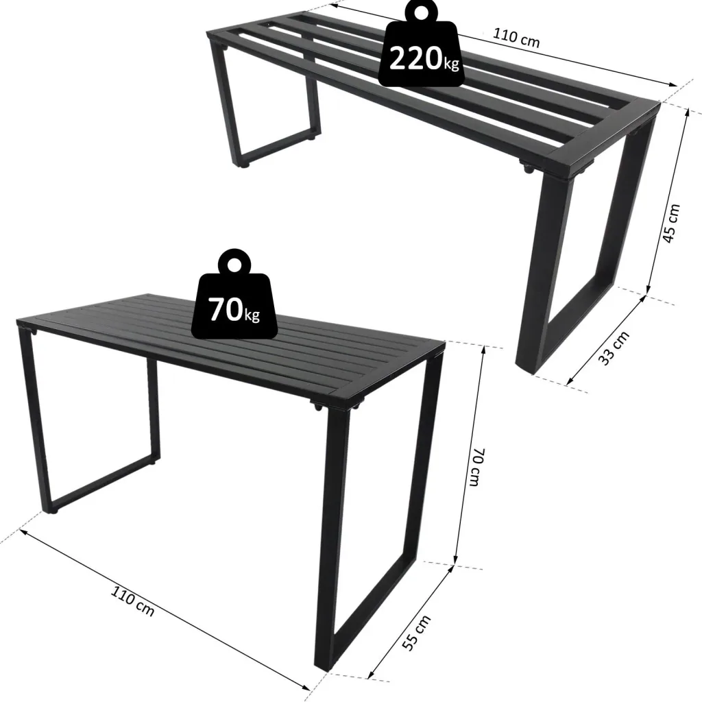 Bierzeltgarnitur Festgarnitur 3 tlg, Sitzgruppe 1 x Tisch 2 x Sitzbank Metall Schwarz 110 x 55 x 70 cm