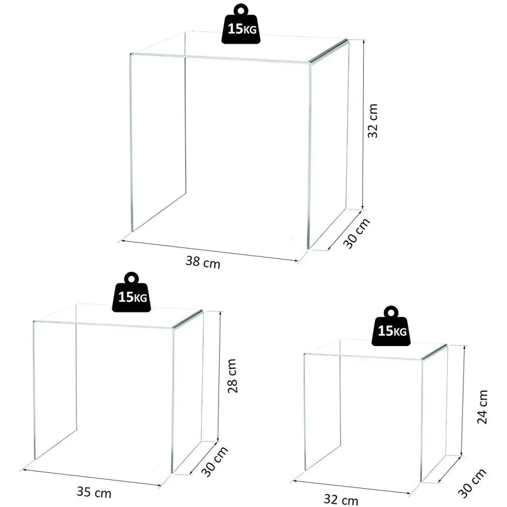 Beistelltisch 3er-Set Couchtisch Satztisch Sofatisch Glastisch klar Acrylglas 32 x 30 x 24 cm/35 x 30 x 28 cm/38 x 30 x