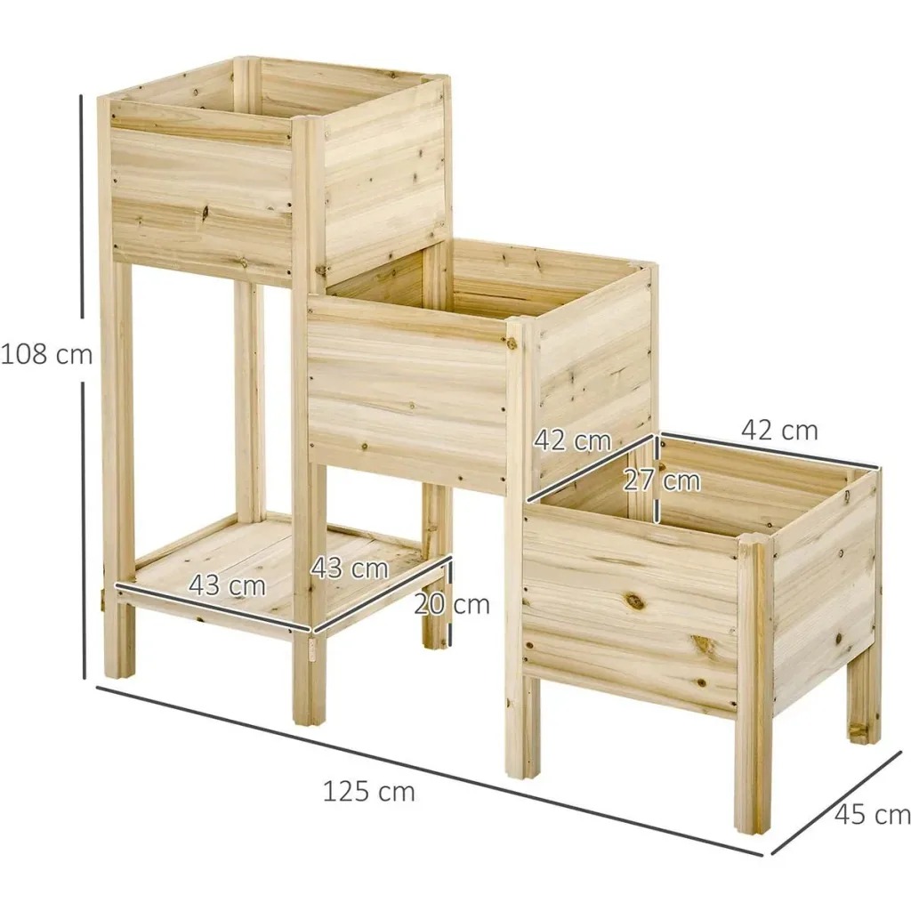 Hochbeet 3 Etagen Pflanzkübel Pflanzkasten aus Holz für Garten Balkon Natur 125 x 45 x 108 cm