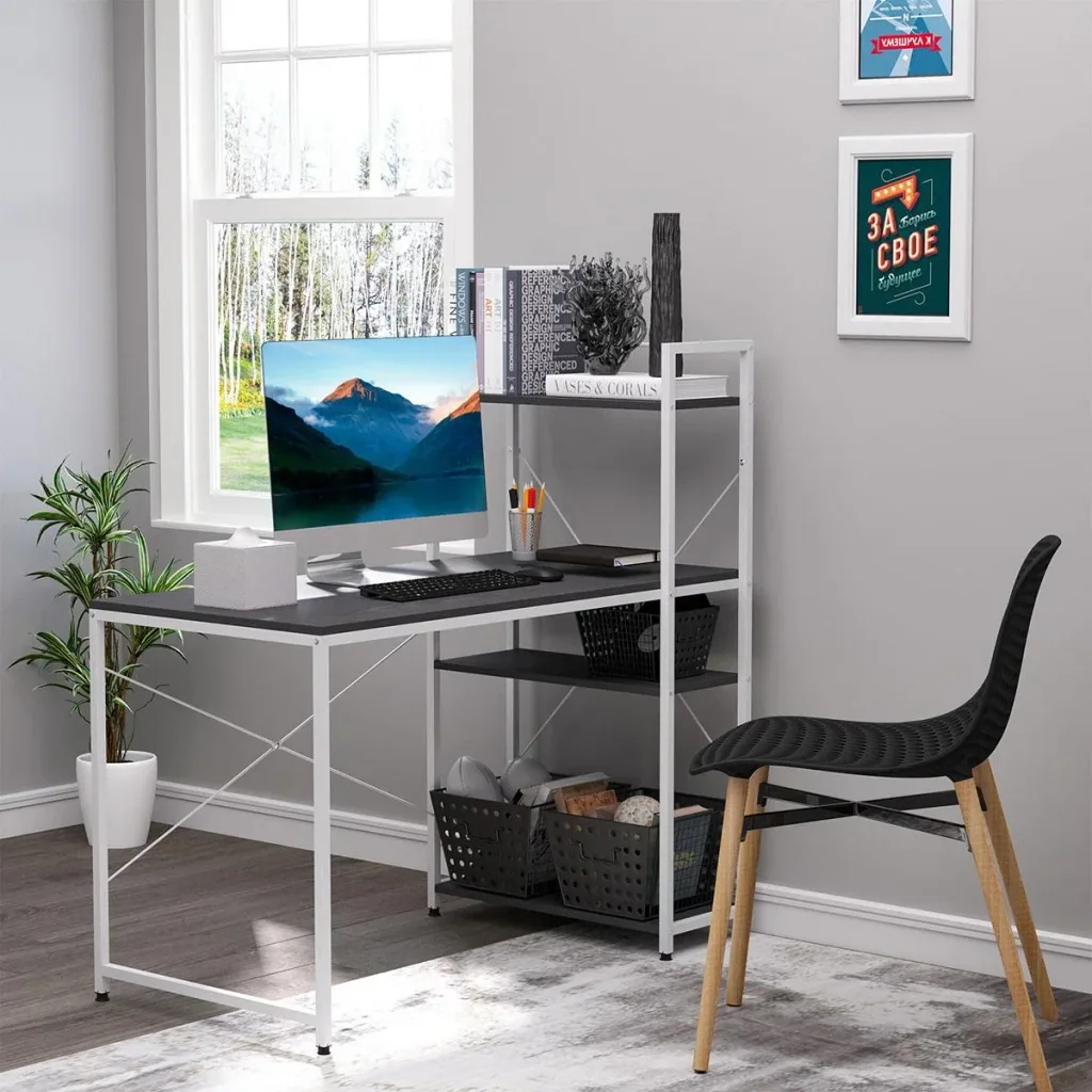 Schreibtisch Computertisch Arbeitstisch Bürotisch mit Regal Weiß+Schwarz 120x64x121cm