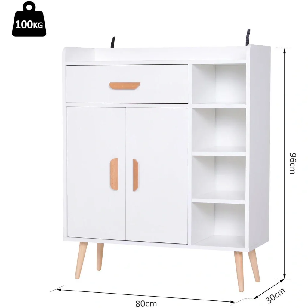 Standregal Kommode Flurschrank Schublade Schrank 100 kg Belastbarkeit Kiefernholz Weiß 80 x 29,5 x 96 cm