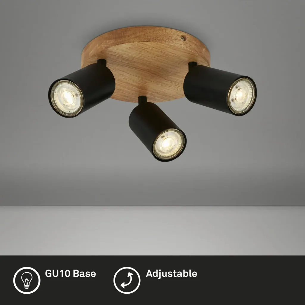 Vintage Spotleuchte 3-flammig, schwarz mit Holzbaldachin, 3 x GU10 Fassung