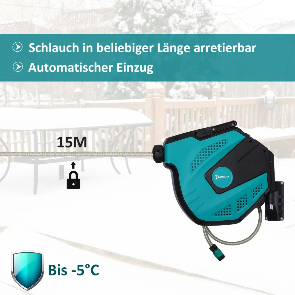 Schlauchtrommel Wandschlauchbox 180° schwenkbar Frostschutz -5 45 °C Kunststoff Grün + Schwarz 15 m