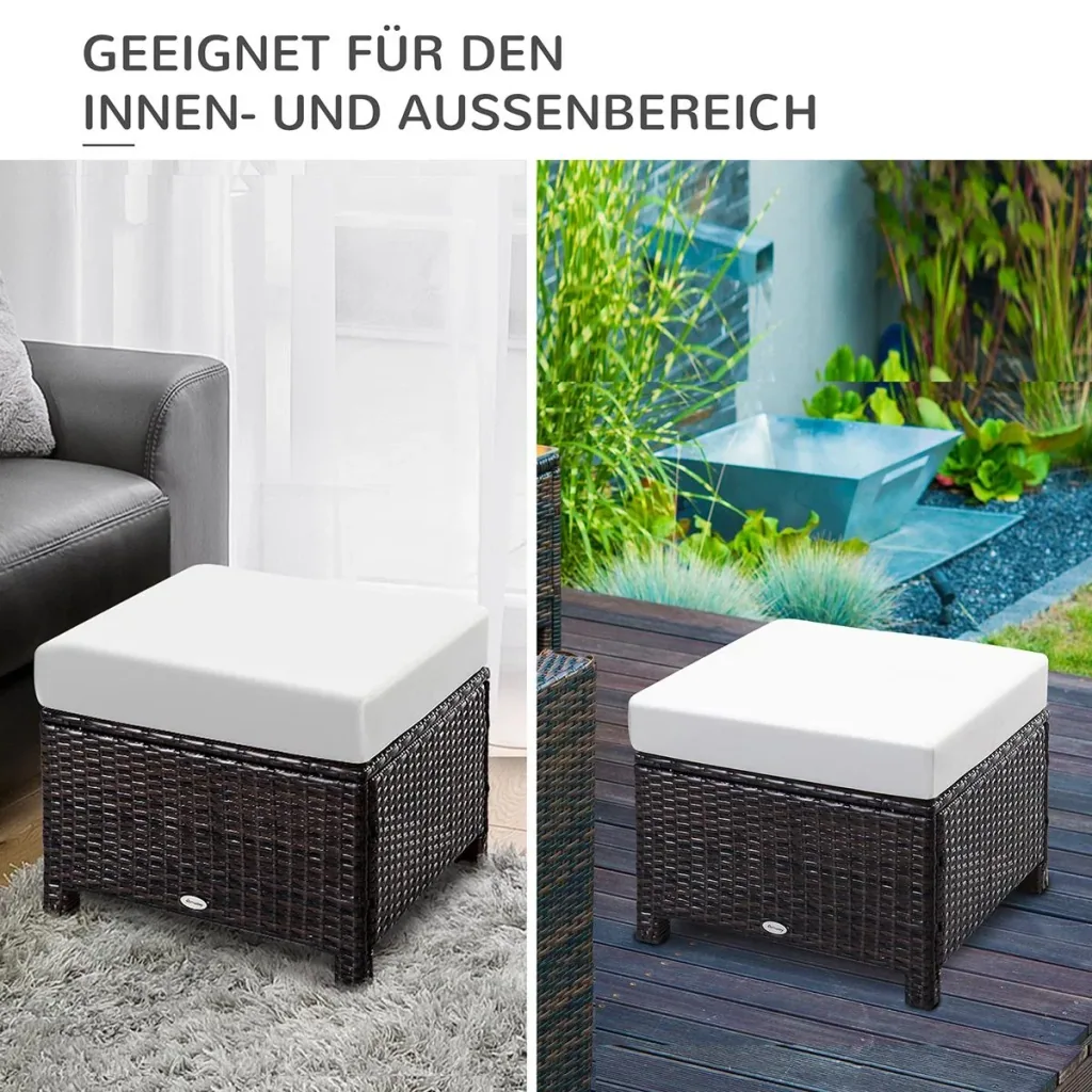 Poly Rattan Hocker mit Kissen Gartenhocker Sitzhocker Fußhocker Rattanhocker Balkon Sitzhocker Gartenmöbel Braun+Cremewe