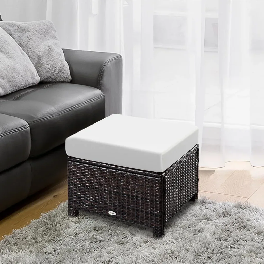 Poly Rattan Hocker mit Kissen Gartenhocker Sitzhocker Fußhocker Rattanhocker Balkon Sitzhocker Gartenmöbel Braun+Cremewe