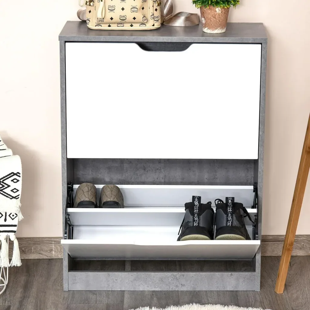 Schuhschrank Schuhregal Schuhbank mit 2 Kippschubladen Einfaches Design E1 Spanplatte Grau+Weiß 62,5 x 26 x 81 cm