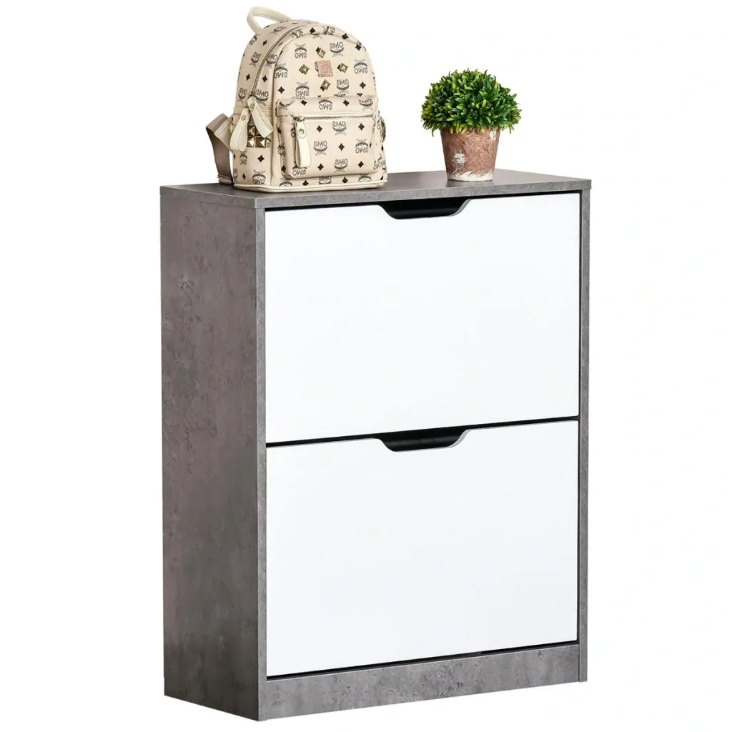 Schuhschrank Schuhregal Schuhbank mit 2 Kippschubladen Einfaches Design E1 Spanplatte Grau+Weiß 62,5 x 26 x 81 cm