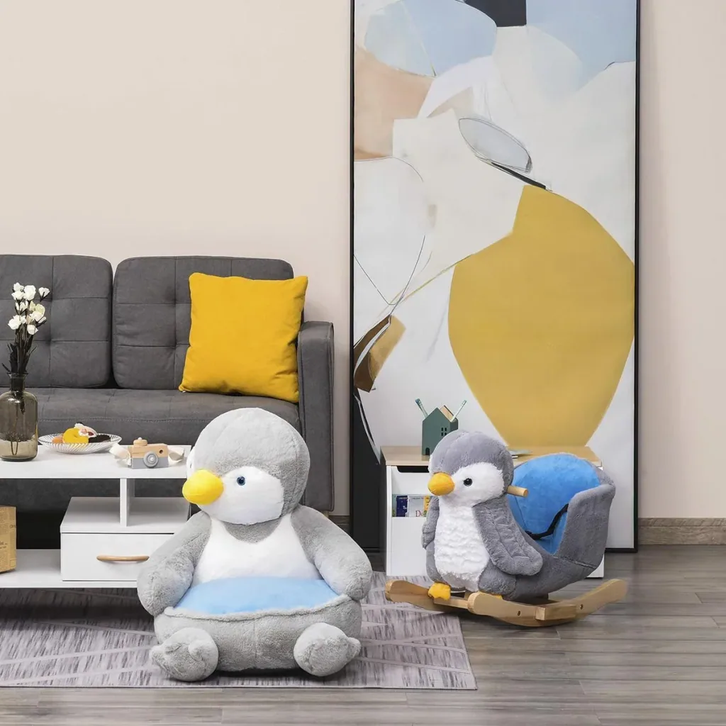 Plüsch-Kindersessel Plüschtier Kinderstuhl Sofa Pinguin für Spielzimmer Kinderzimmer für 18-36 Monaten Hellgrau+Blau 59