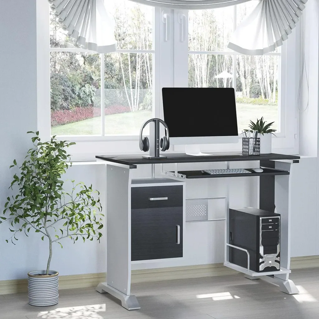 Computertisch Winkelschreibtisch mit Schubladen Schreibtisch Bürotisch Anti-Rutsch Metall MDF Schwarznuss+Silber 100 x 5