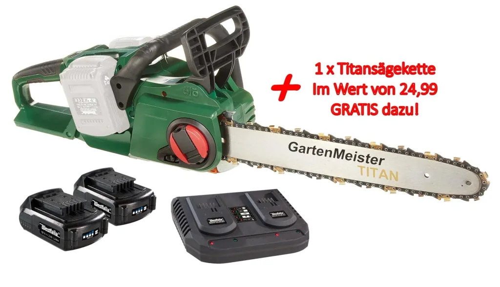 Set Akku-Kettensäge + 2 x Akku 2 Ah + Doppelschnell-Lader+Kette
