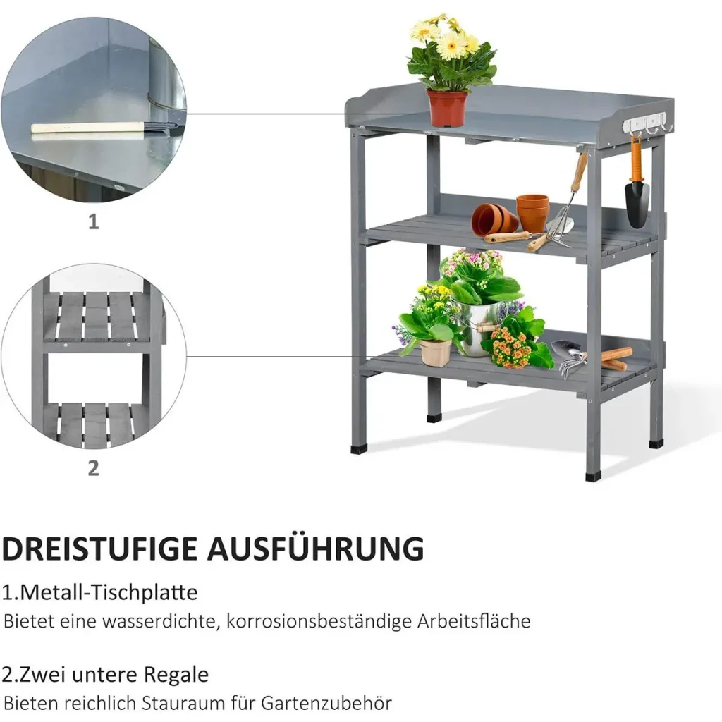 Pflanztisch Gärtnertisch Blumentisch mit Metall Arbeitsfläche Garten Holz Grau 76 x 37 x 89 cm