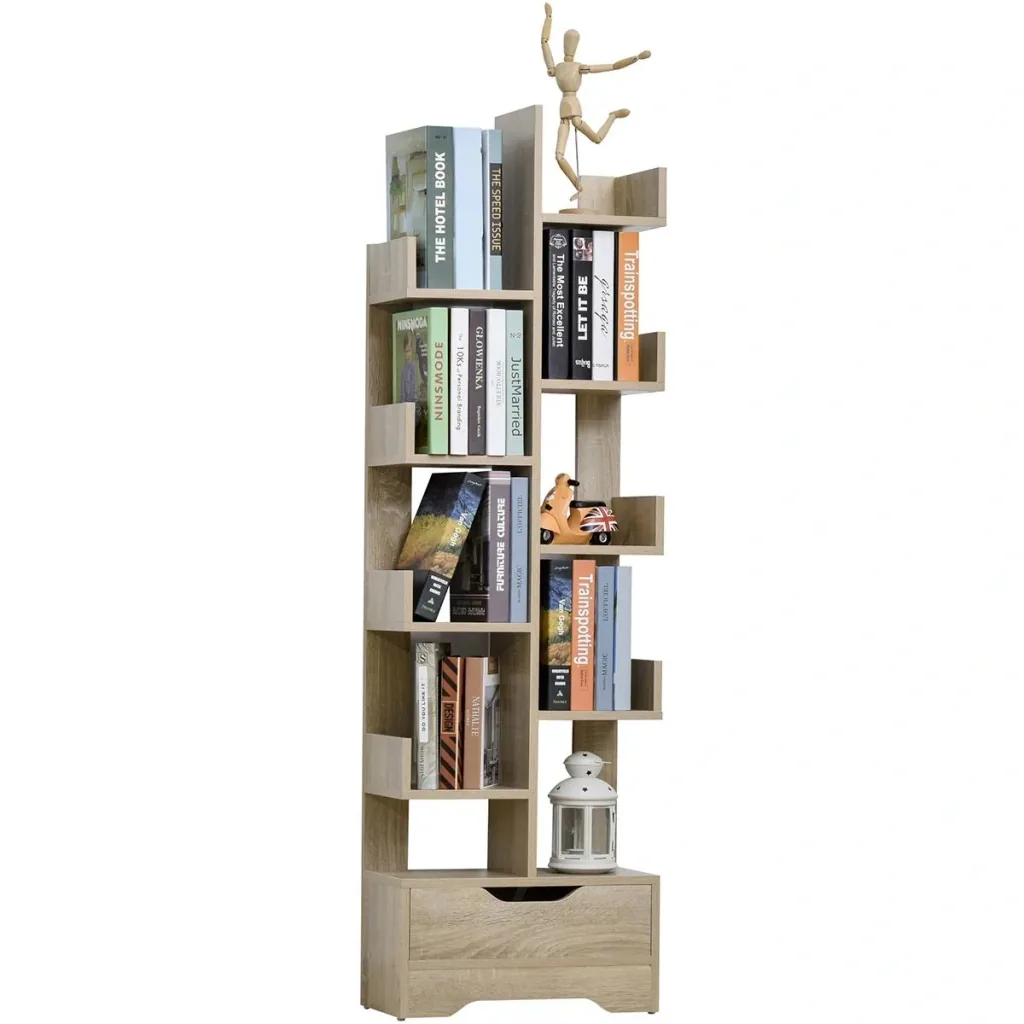 Bücherregal mit 10 Fächer und Schublade, Standregal, Eckbücherregal, E1 Spanplatte, 46 x 20 x 151 cm