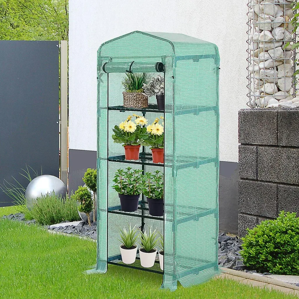 Gewächshaus mit 4 Fachböden grün transparent