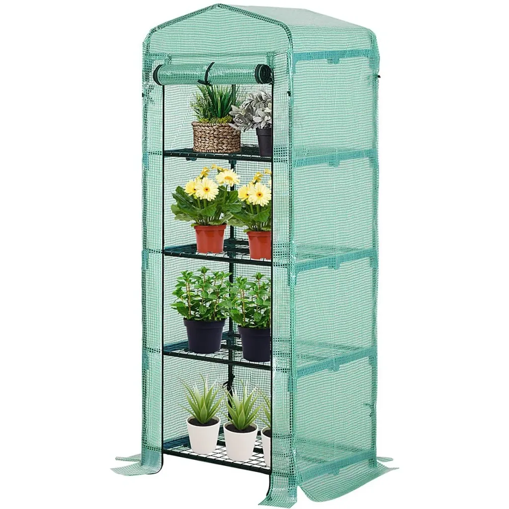 Gewächshaus mit 4 Fachböden grün transparent