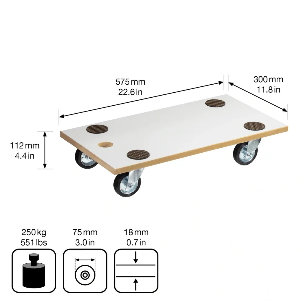 Transporthilfe MM 1316, 57,5 x 30 x 11 cm, Vollgummi Rollen Ø 75 mm, Rollenlager, Tragkraft 250 kg, MDF beschichtet