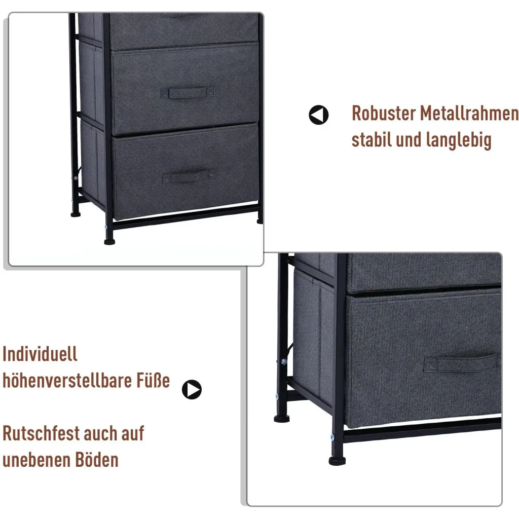 Schubladenschrank Aufbewahrungsschrank mit 4 faltbaren Stoffschubladen Metallgestell + Holz + Leinen Grau