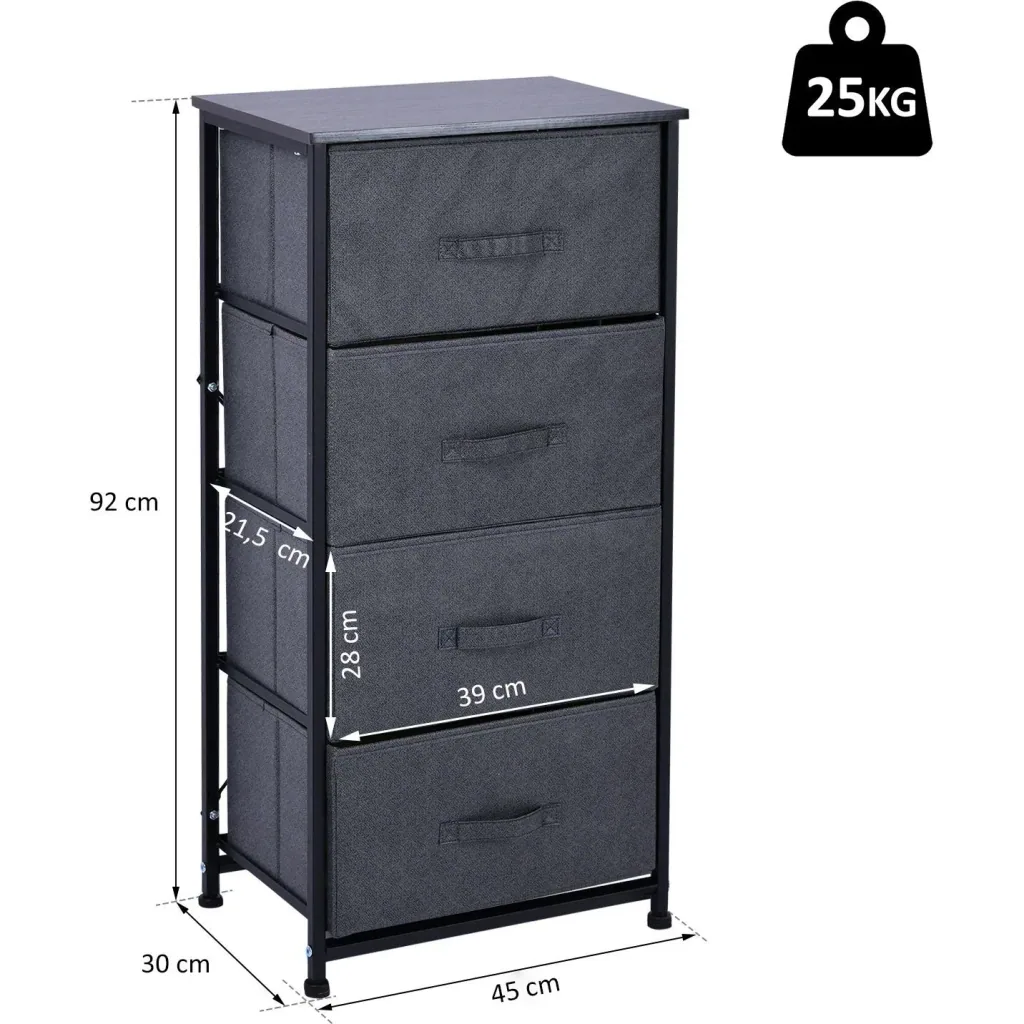 Schubladenschrank Aufbewahrungsschrank mit 4 faltbaren Stoffschubladen Metallgestell + Holz + Leinen Grau
