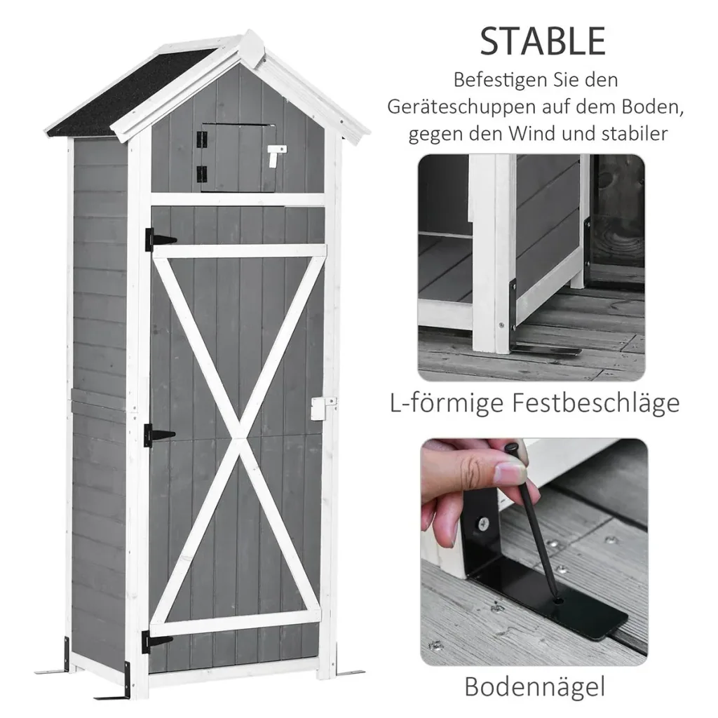 Gartenschrank Holz Gerätehaus mit Tür Dach Geräteschuppen mit Hacken Gartenlagerschrank faltbarer Tisch Outdoor Grau 78