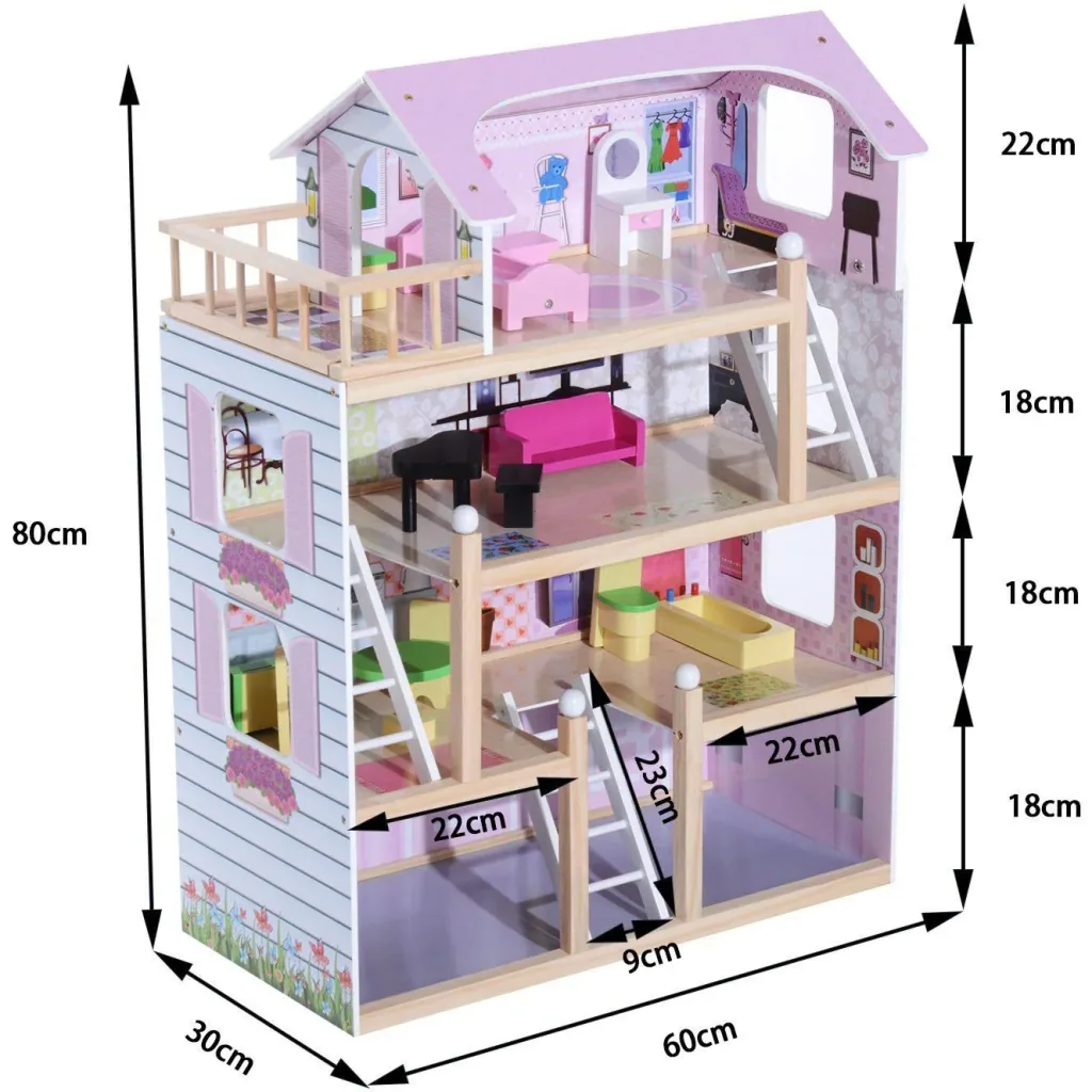Puppenhaus 4 Etagen mit Möbeln Holz L60 x W30 x H80cm
