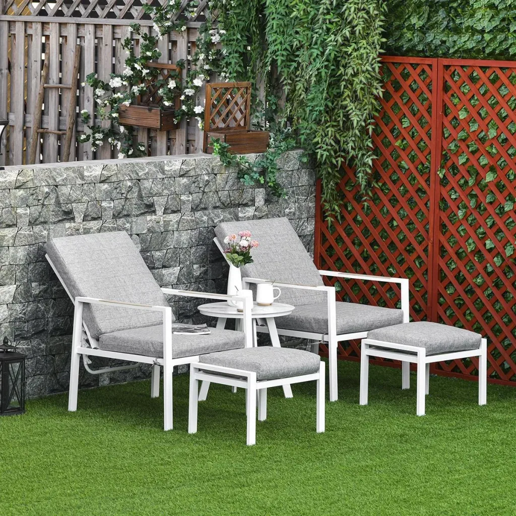 5-teiliges Gartenmöbel Set mit Rückenkissen Sitzkissen Balkonmöbel mit 3-stufig verstellbare Rücklehne Hartglas Aluminiu