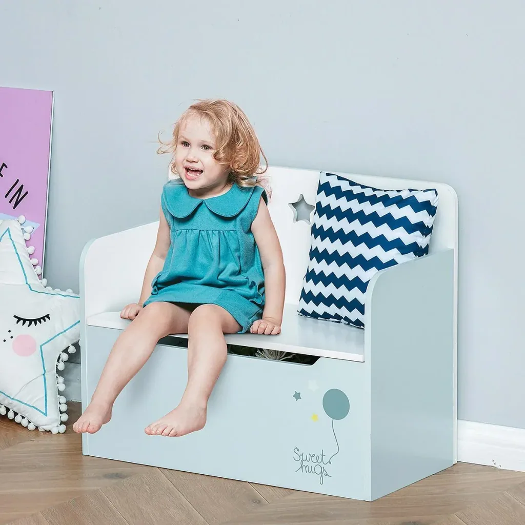 Kindersitzbank mit Stauraum 2-in-1 Truhenbank Spielzeugkiste Aufbewahrungstruhe 3-8 Jahre Kindermöbel Hellblau 60 x 30 x