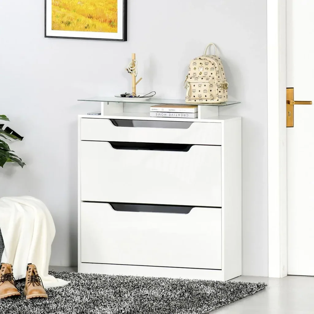 Schuhschrank Schuhregal mit 3 Schubladen Aufbewahrungsschrank Kippeimer mit Klapptür Glasplatte Verstellbares Regal Groß