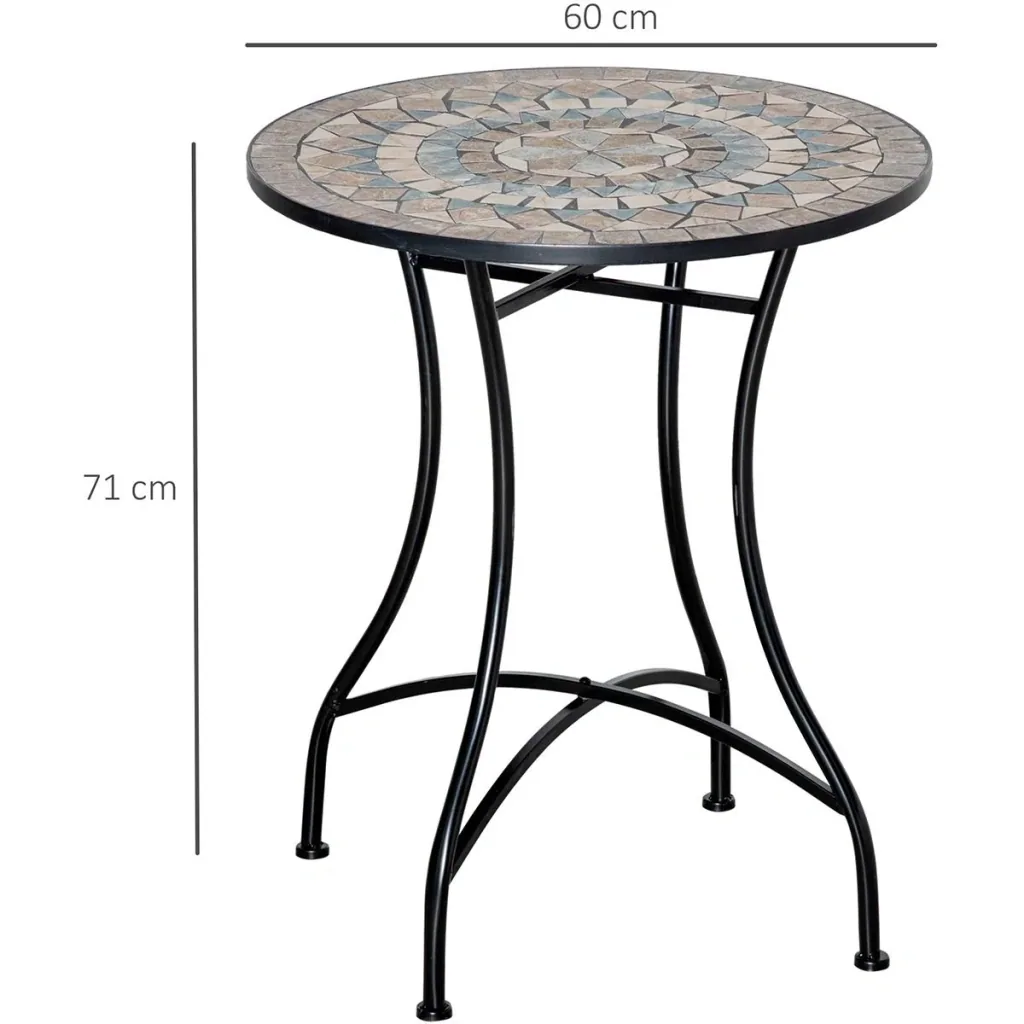 Bistro-Gartentisch in Mosaikoptik, Keramik+Metall, grün+beige+weiß, 60 x 71 cm