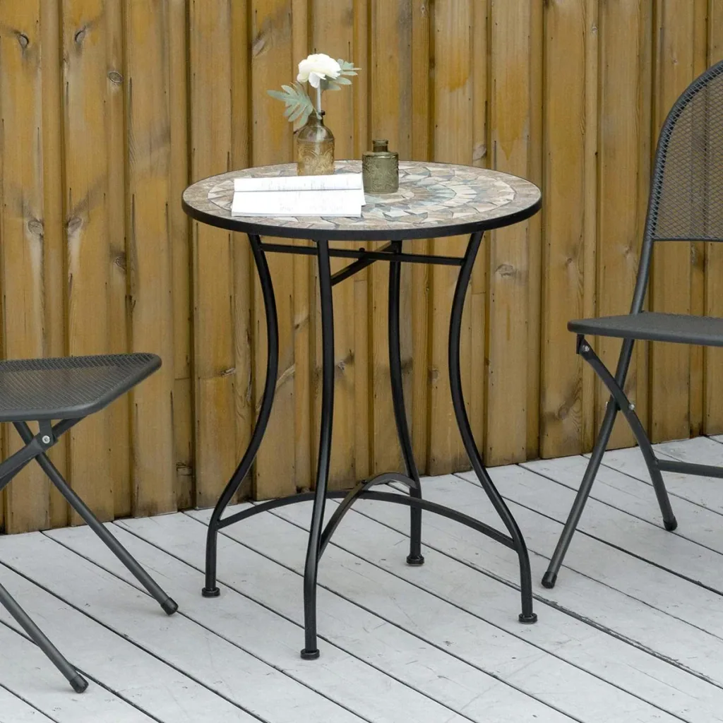 Bistro-Gartentisch in Mosaikoptik, Keramik+Metall, grün+beige+weiß, 60 x 71 cm