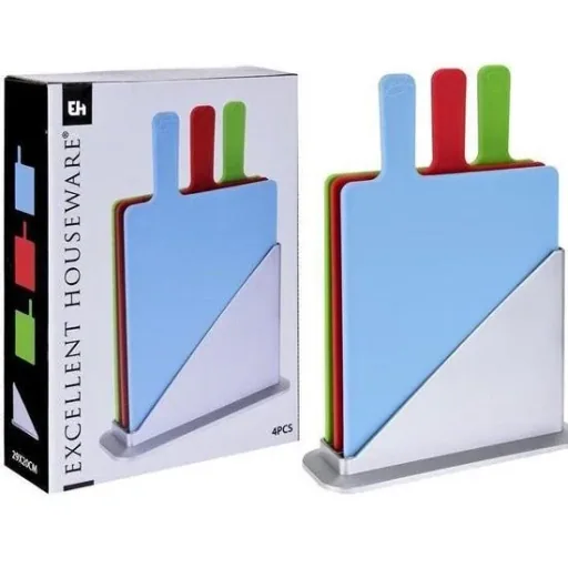 Excellent Houseware 4-teiliges Schneidebrett-Set mit Halter - Kunststoff - 24 x 30 x 0,5 cm - Spülmaschinenfest