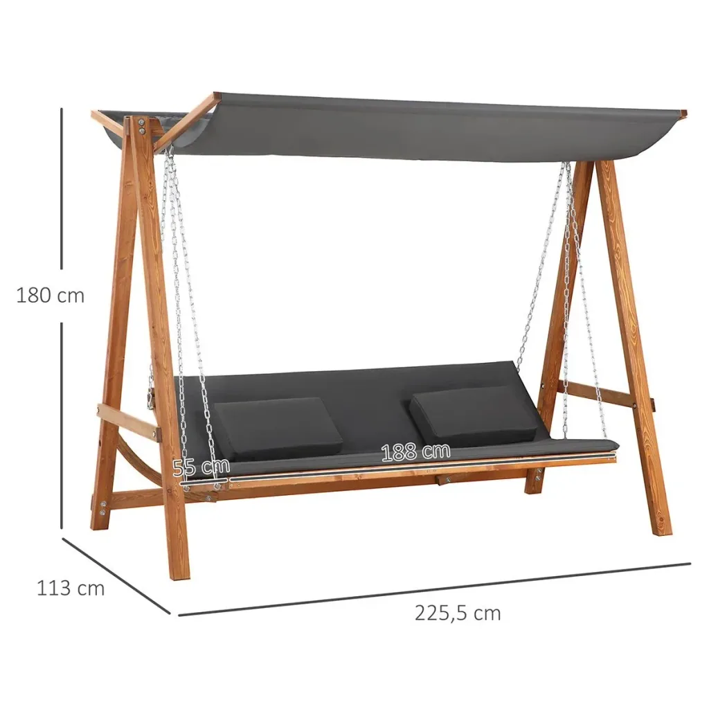 Gartenschaukel für 3 Personen, klappbar zum Doppelbett, grau+teak, 225,5 x 113 x 180 cm