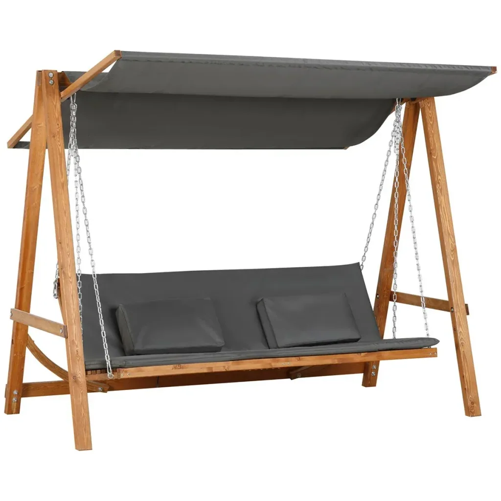 Gartenschaukel für 3 Personen, klappbar zum Doppelbett, grau+teak, 225,5 x 113 x 180 cm