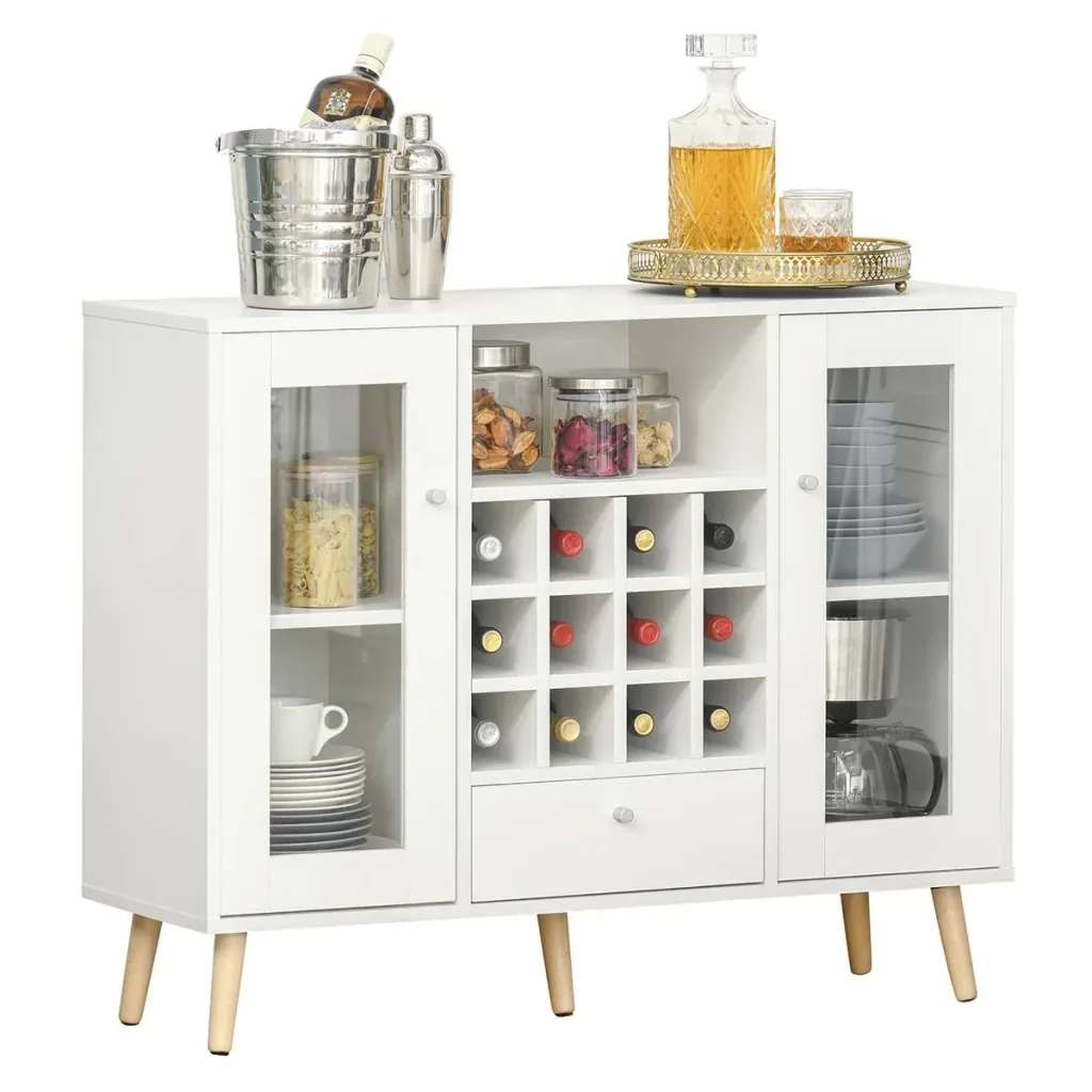 Küchenschrank Sideboard küchenmöbel mit Glastüren Schublade und 12-Flaschen Weinregal für Wohnzimmer und Küche Spanplat