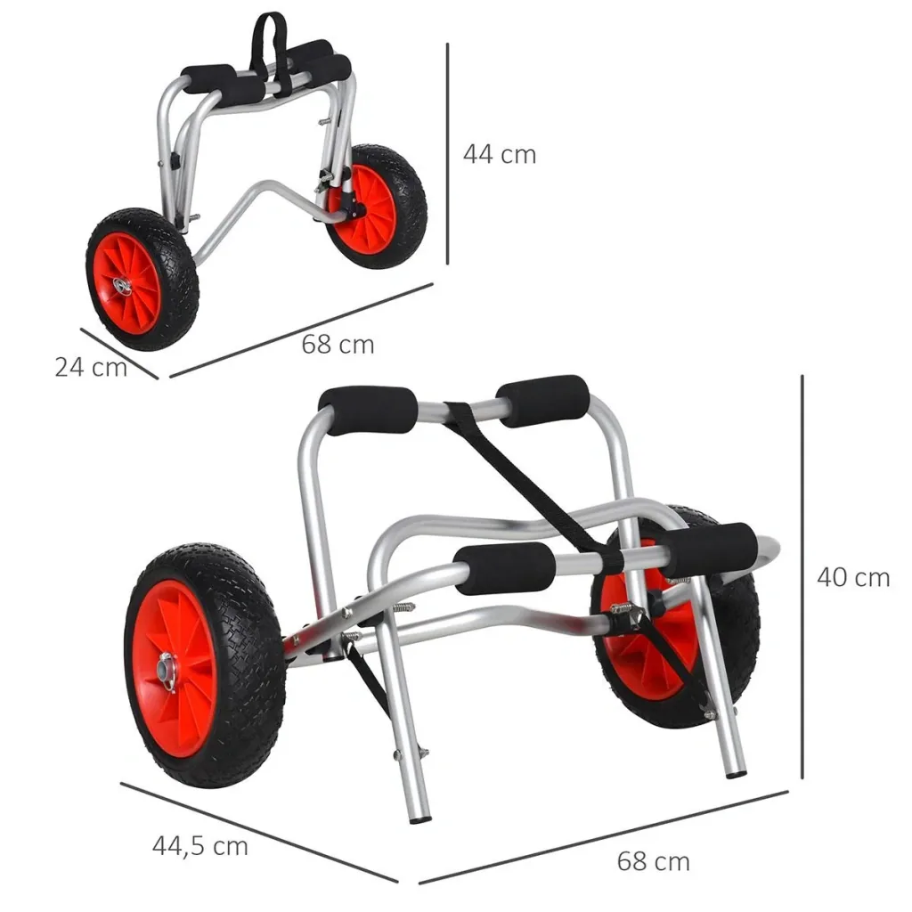 Alu Kanuwagen Kajakwagen Surfwagen klappbar mit Gurt PU-Räder Silber bis 75 kg 68 x 44,5 x 40 cm
