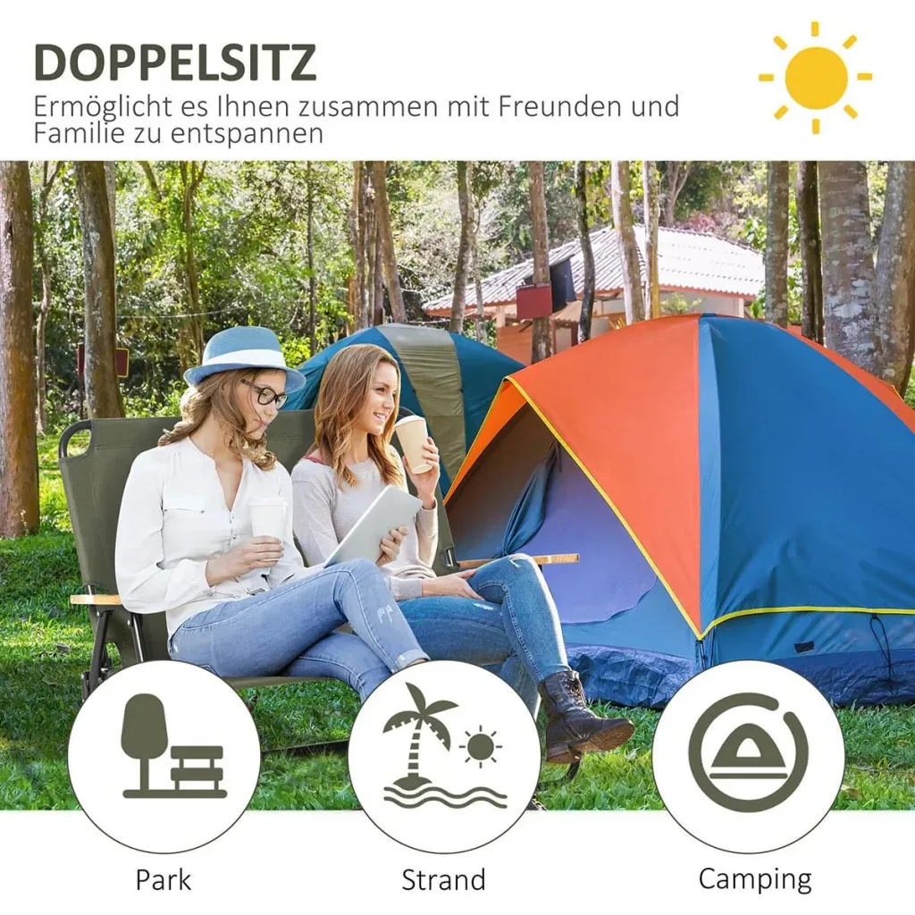 Campingstuhl 2-Sitzer klappbar tragbar Gartenstuhl Regiestuhl Klappstuhl mit Getränkehalter für Outdoor Picknick Wandern