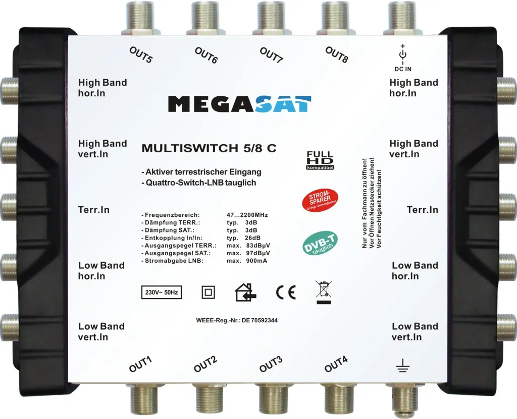 Multischalter 5/8 C - Erweiterbares System. Geeignet für 1 Satellit bis zu 8 Teilnehmer pro Multischalter