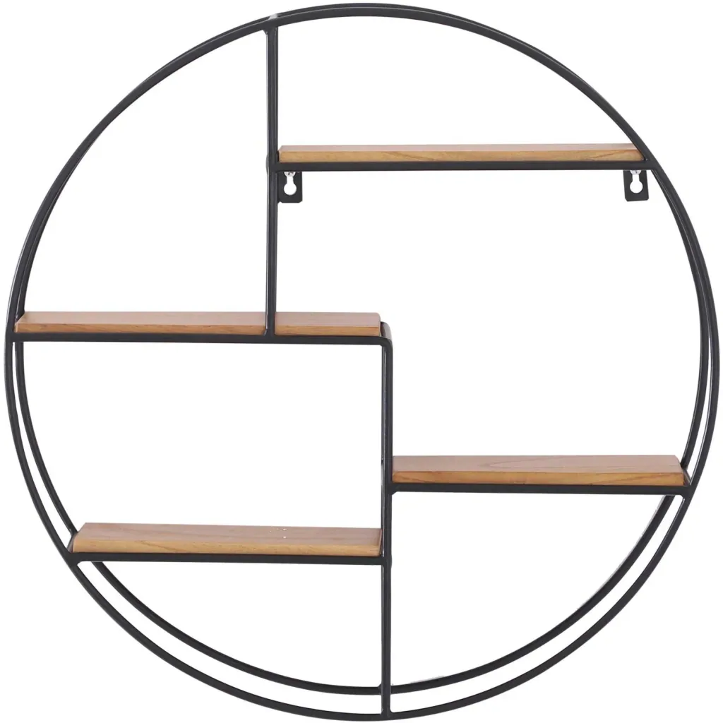 Wandregal Bücherregal Metallregal Hängeregal Dekoregal rund 4 Etage Metall + Holz Schwarz + Natur ?45 x 11cm