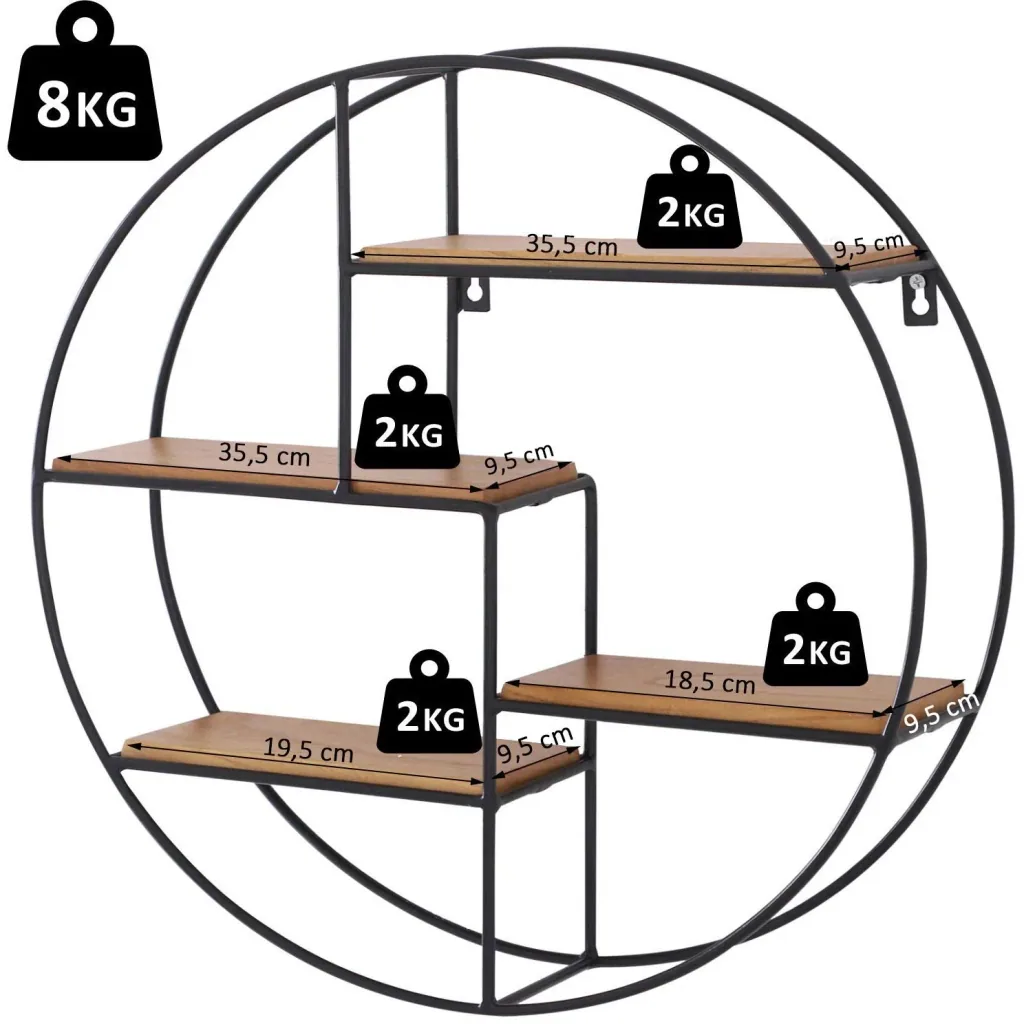 Wandregal Bücherregal Metallregal Hängeregal Dekoregal rund 4 Etage Metall + Holz Schwarz + Natur ?45 x 11cm