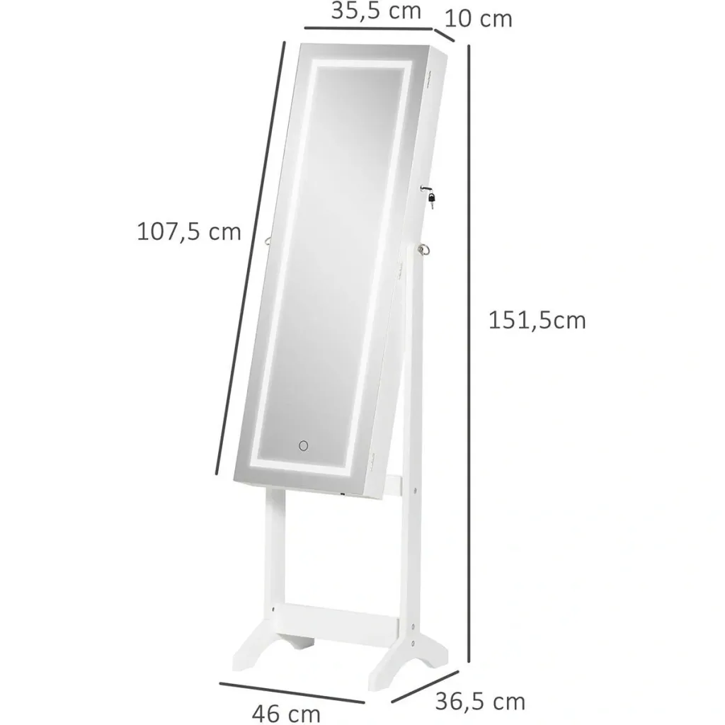 Schmuckschrank mit LED Spiegelschrank Schmuckregal Schmuckorganizer Standspiegel mit 4 Ablagen 46 x 36,5 x 151,5 cm