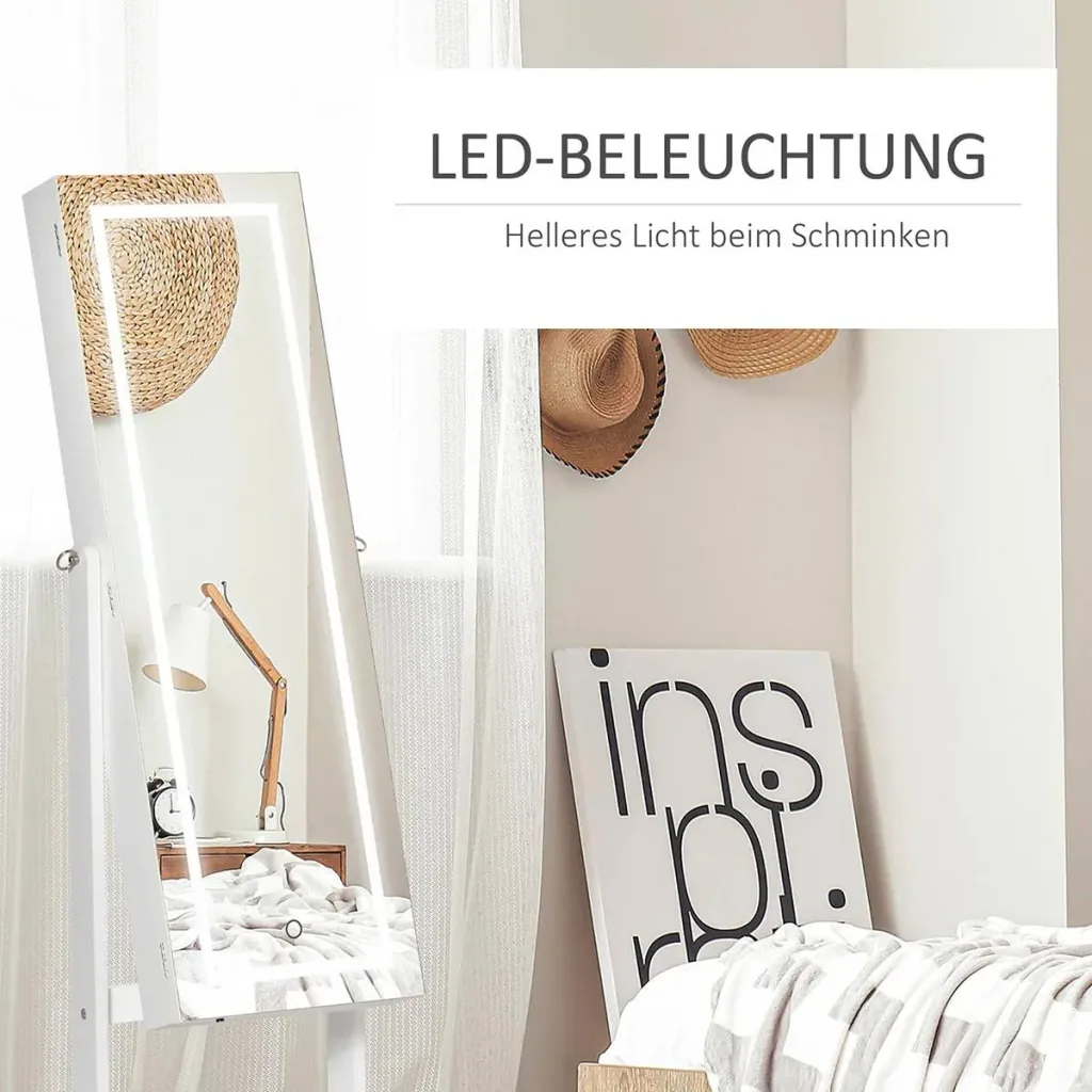Schmuckschrank mit LED Spiegelschrank Schmuckregal Schmuckorganizer Standspiegel mit 4 Ablagen 46 x 36,5 x 151,5 cm