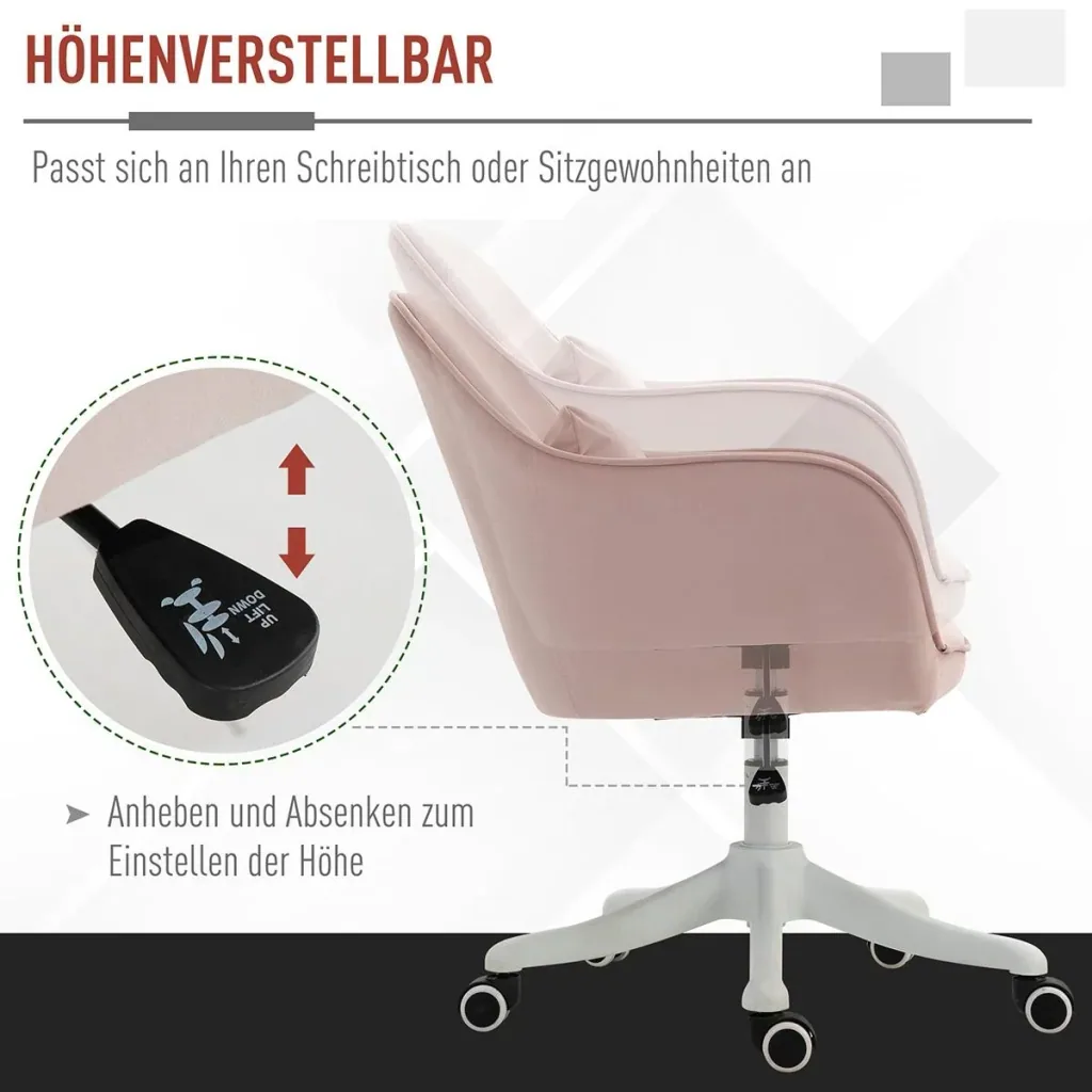 Massage Bürostuhl mit Vibrationsfunktion Lendenkissen Armlehnen höhenverstellbar Samt Rosa 55 x 65 x 79-89 cm