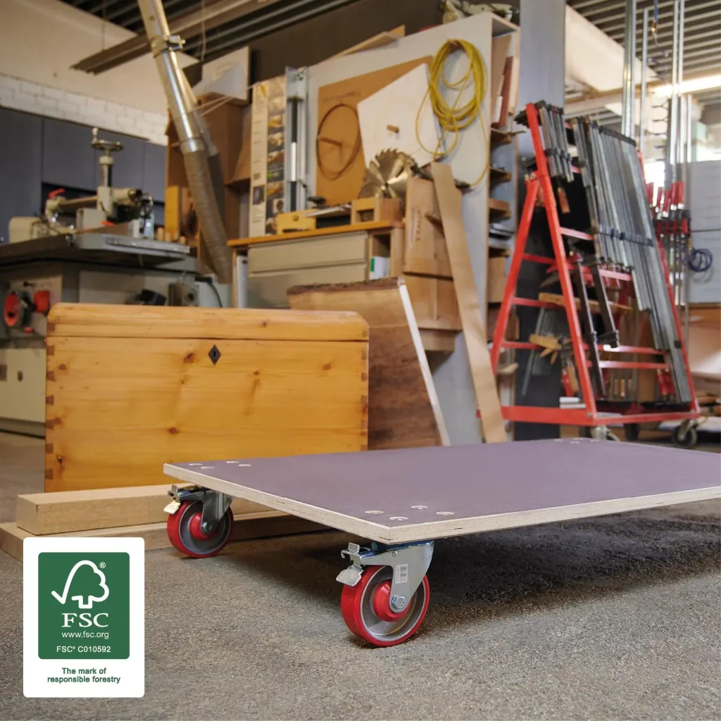 Transporthilfe MM 1349, 120 x 80 x 18 cm, harte Rollen Ø 125 mm Rollenlager, 2 Bremsen, Platte FSC®, Tragkraft 1.000 kg
