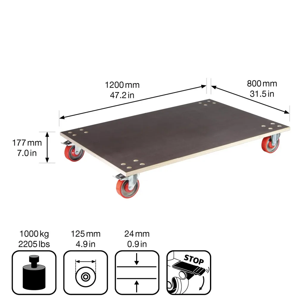 Transporthilfe MM 1349, 120 x 80 x 18 cm, harte Rollen Ø 125 mm Rollenlager, 2 Bremsen, Platte FSC®, Tragkraft 1.000 kg