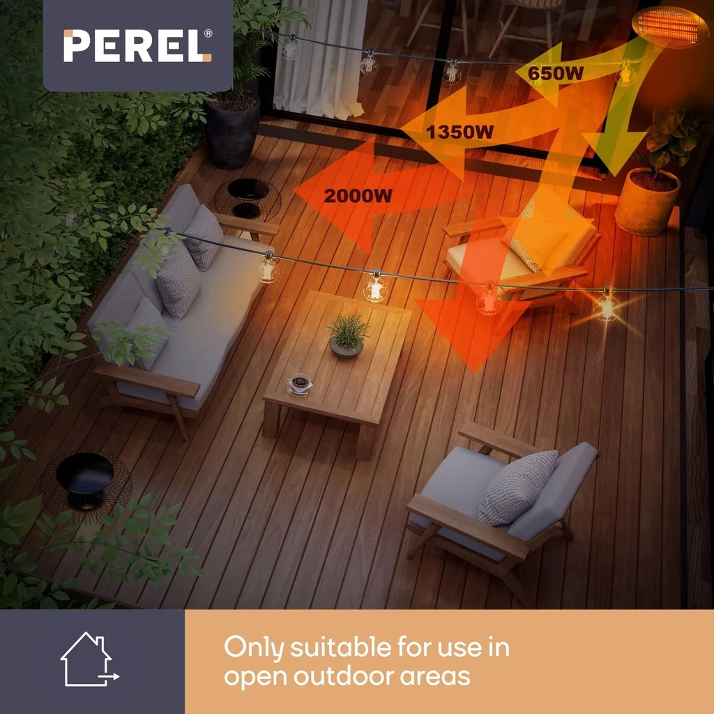 Patio-Heizstrahler 2000W Quarz, IP34 spritzwassergeschützt, Wandmontage mit Zugschalter, 3 Heizstufen, 45° neigbarer Außenheizstrahler für Terrasse Balkon Veranda Garten schwarz