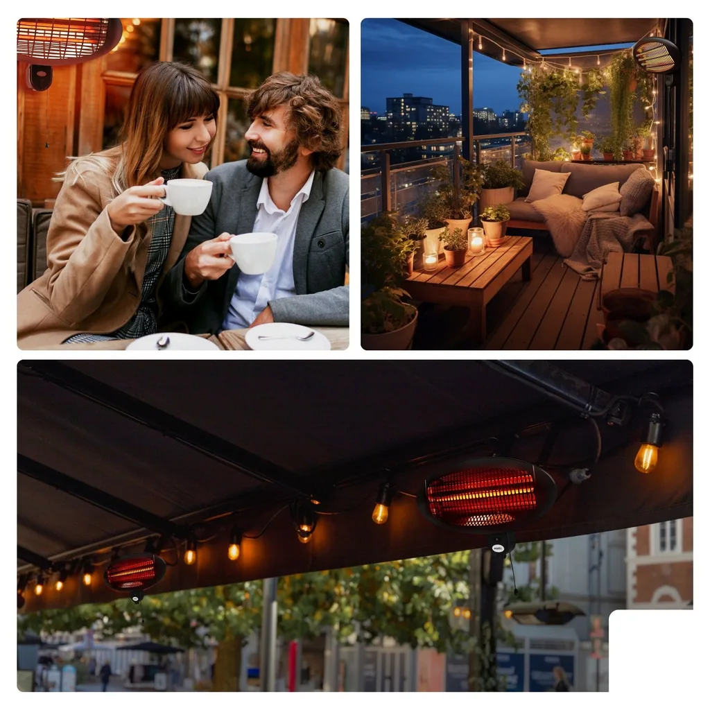 Patio-Heizstrahler 2000W Quarz, IP34 spritzwassergeschützt, Wandmontage mit Zugschalter, 3 Heizstufen, 45° neigbarer Außenheizstrahler für Terrasse Balkon Veranda Garten schwarz