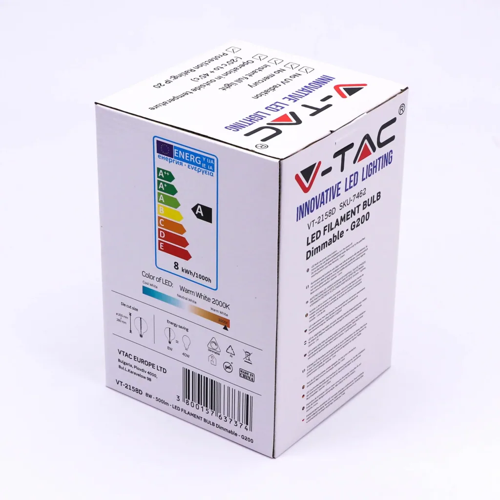 VT-2158D XXL Dimmbare Design-LED-Glühlampe - 8W - 2000K - E27 Fassung - G200 LED