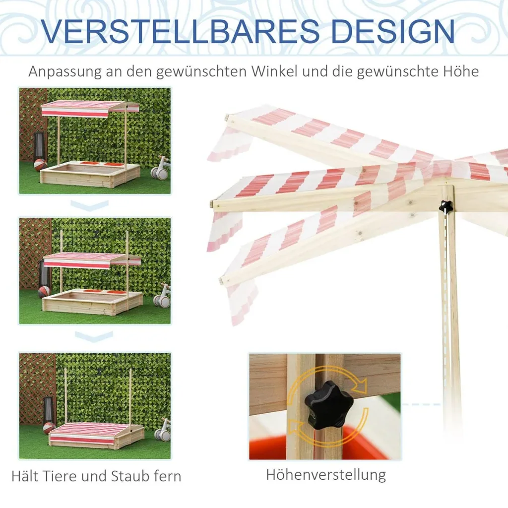 Sandkasten Holz Bodenloses Design mit absenkbarem und schwenkbarem Dach für 3-8 Jahre Kinder Natur 118 x 118 x 118 cm
