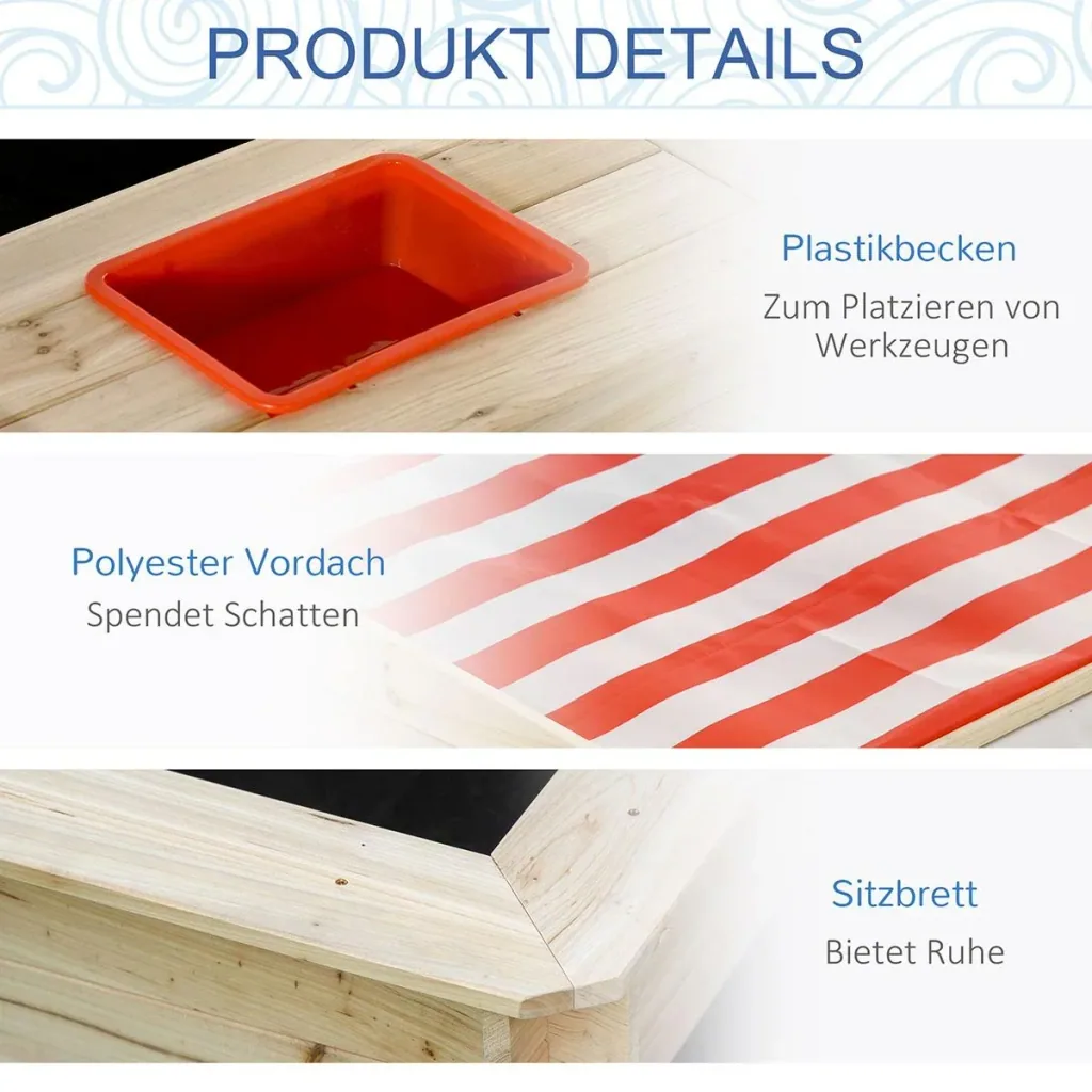 Sandkasten Holz Bodenloses Design mit absenkbarem und schwenkbarem Dach für 3-8 Jahre Kinder Natur 118 x 118 x 118 cm